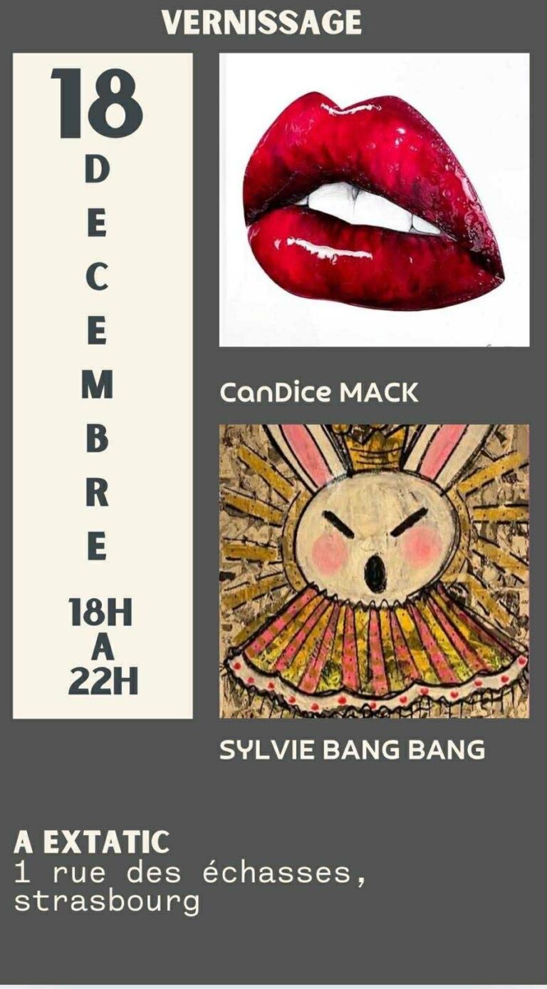 Annonce de la date du vernissage de l'exposition de Candice Mack et Sylvie Bangbang chez Extatic Jeudi 18 décembre 2025 à partir de 18h